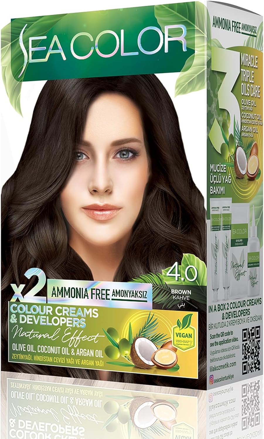 SEA COLOR Non-Ammonia, Vegan, Natural, Nourishing Permanent Hair Dye 100% White Closure 1 PACK 2 x 50 ml Dye & OXIDANT Coffee 4.0