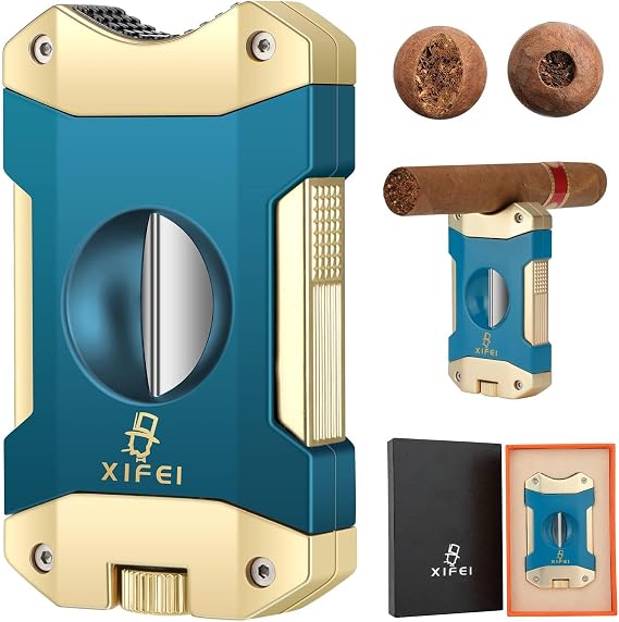 XIFEI Cigar Cutter V-Cut,3 in 1 V Cutter with Cigar Punch Cigar Stand Sharpest 440 Stainless Steel Cut Blade Ergonomic Design Secure-Lock 55 Ring Gauge Portable Cigar Clipper with Gift Box (Blue Gold)