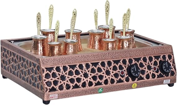 Tulip Home - Authentic Turkish Copper Electric Hot Sand Big Coffee Maker Heater Machine Seljuk Model 110V - 220V + 10 Size Turkish Coffee Pot