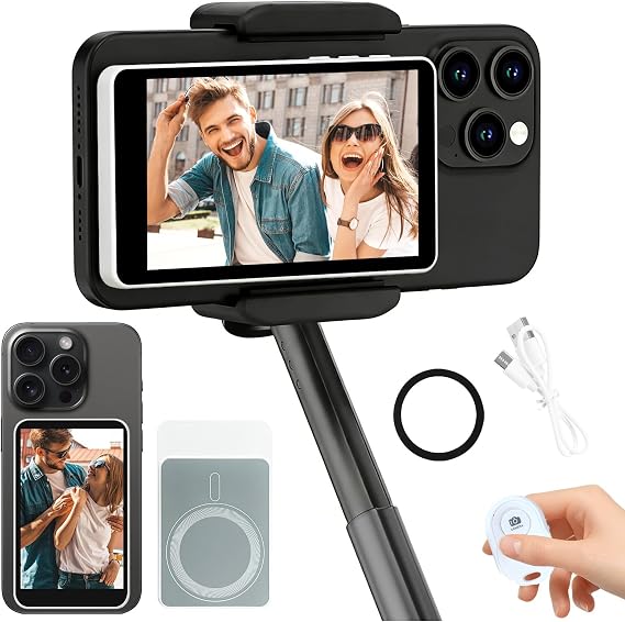 Selfie Monitor Screen for iPhone/Android,Magnetic Phone Vlog Selfie Screen with 1500mAh Battery&Bluetooth Remote,Wireless Back Camera Monitor for Live Streaming/TikTok (White)