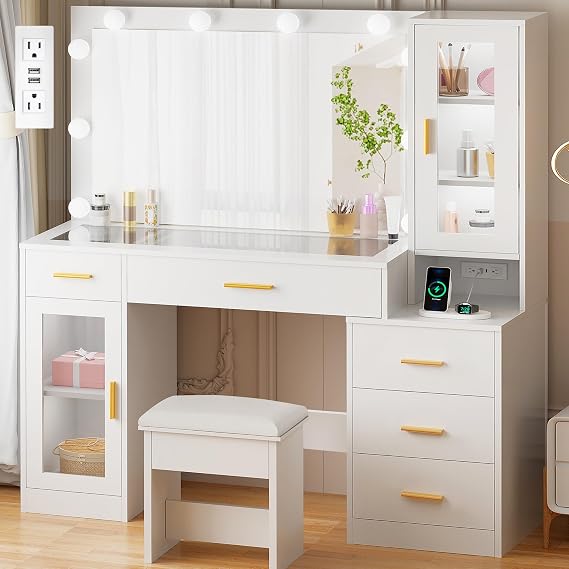 BEWISHOME 49.2" Large Glass Top Vanity Desk with Lighted Mirror and Stool