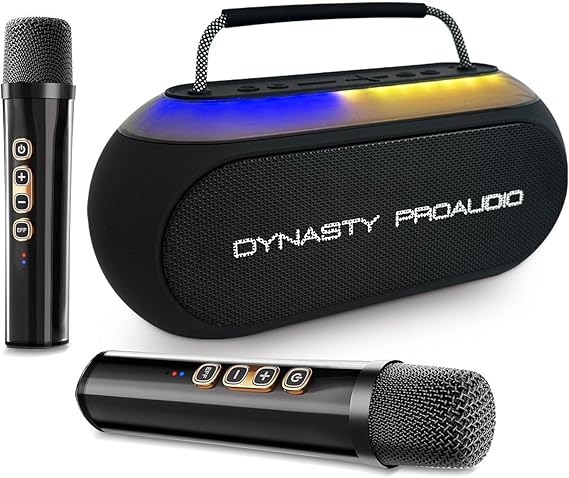 Dynasty ProAudio SB-230 Portable Bluetooth Speaker/Karaoke Machine with Two Wireless Microphones, Waterproof, Supports for USB, AUX, TF-Card, Color Change LED Lights (Black)