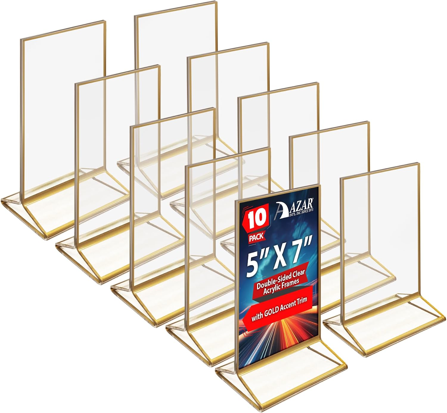 Azar Displays 152799-GLD-10PK Gold Trim Double-Sided Clear Acrylic Frames – Elegant Display Frames for Weddings, Events, and Photos | Premium 5x7 Tabletop Sign Holders 10-Pack