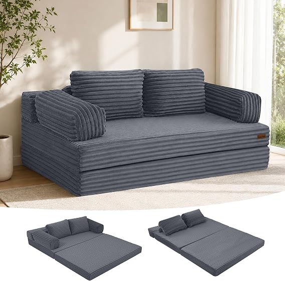 MeMoreCool Convertible Sofa Bed, 59'' Loveseat Pull Out Couch with Corduroy Cover, Folding Floor Sofa Bed Sleeper for Living Room, Memory Foam Boneless Futon Couch, Dark Grey