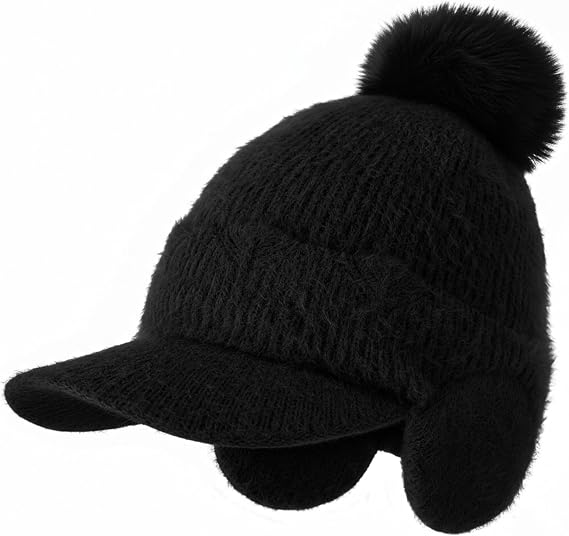 Winter Hats for Women - Winter Beanie Womens with Faux Fur Bobble, Soft Stretch Cute Womens Winter Hats with Visor