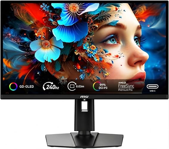 msi 27" QD-OLED Gaming Monitor | QHD(2560x1440), 240Hz, 0.03ms | AMD FreeSync Premium Pro | True Black HDR 400, 99% DCI-P3 | USB-C, Adjustable Ergonomic Stand