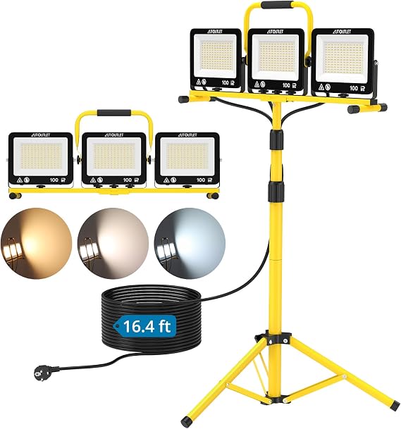 AUTOUTLET 300W LED Work Light, 27000LM Portable 3 Head Adjustable Color Temperature Floodlight - 288Pcs LEDs Beads, 3 Modes (3000K/5000K/6500K), Waterproof IP66, 5m Power Cord with Adjustable Tripod