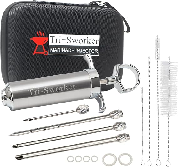 Tri-Sworker Meat Injectors for Smoking with Case and 4 Flavor Food Injector Syringe Needles, Injector Marinades for Meat, Turkey, Brisket; 2-oz; Including Paper and E-Book (PDF) User Manual