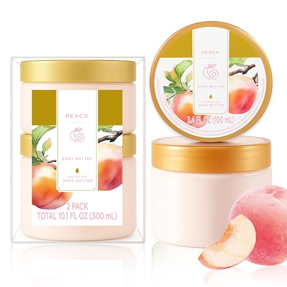 Princess Belle Peach Body Butter, Shea Body Butter and Body Moisturizer for Dry Skin, Smell Good, Peach Gifts for Women-2 Pack (3.4floz + 6.8 floz)