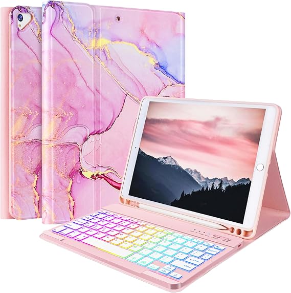 FUWANG for iPad 9th/8th/7th Generation Case with Keyboard 10.2 inch, Pink | Marble Folio Cover with Pencil Holder, 7 Colors Backlit, Wireless Detachable Keyboard for iPad Air 3rd Gen & iPad Pro 10.5"