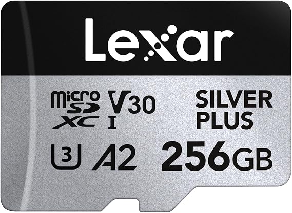 Lexar Silver Plus Micro SD Card 256 GB, Reading Speed up to 205 MB/s, Writing Speed of 150 MB/s, Memory Card Micro SD with SD Adapter, UHS-I, A2, U3, V30, Class 10, 4K UHD microSDXC