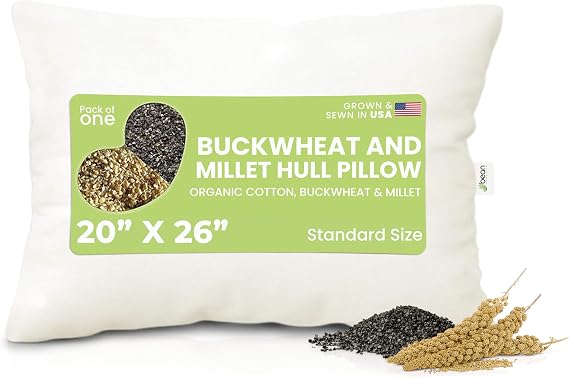 Bean Products Multi Grain Standard Bed Pillow for Sleeping Eco-Friendly Breathable Organic Buckwheat and Millet Hulls Fill with Organic Cotton Fabric Head Pillow - Made in The USA, 20" x 26"