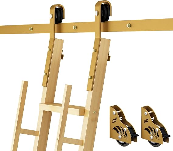 DIYHD 12FT Sliding Library Ladder Hardware Kit, Rolling Track System with Braking Floor Rollers, Gold Finish, Ladder Not Included