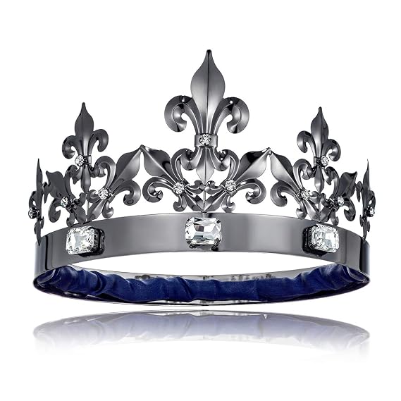 King Crown, Large Size Costume Headwear, Black, for Men's King Crown Crystal Rhinestone, 8" Diameter, Model Number: C18742LB