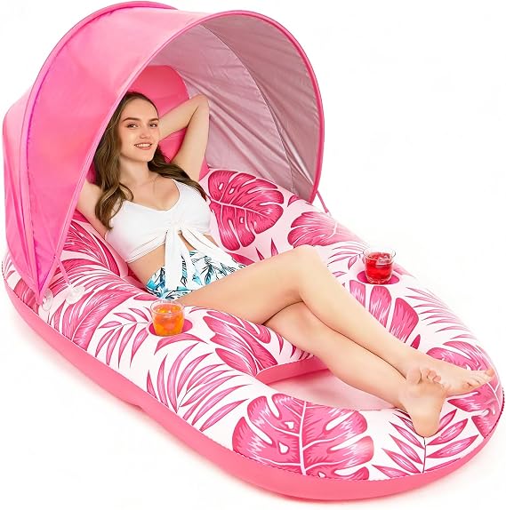 Jasonwell Pool Float with Canopy - Inflatable Pool Floaties Adult Lounger Floats Raft Floating Chair with Cup Holders for Swimming Pool Lake Water Lounge Float Beach Pool Party Toys for Adults