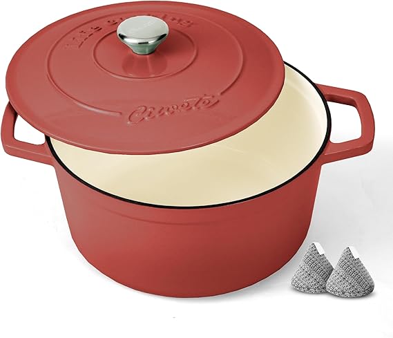 Ciwete Enameled Cast Iron Dutch Oven 6 Quart Pot with Lid & Potholders Heavy-Duty Cookware for Bread Baking, Braising, Stews & Roasting Oven & Stovetop Safe up to 500F Red