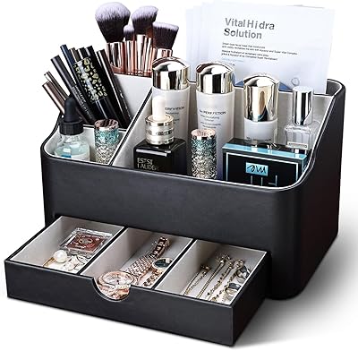 KINGFOM Leather Makeup Organizer with Drawer, Cosmetic Storage for Dresser Countertop and Bathroom Vanity, Beauty Holder for Lipstick Brush Skincare Black