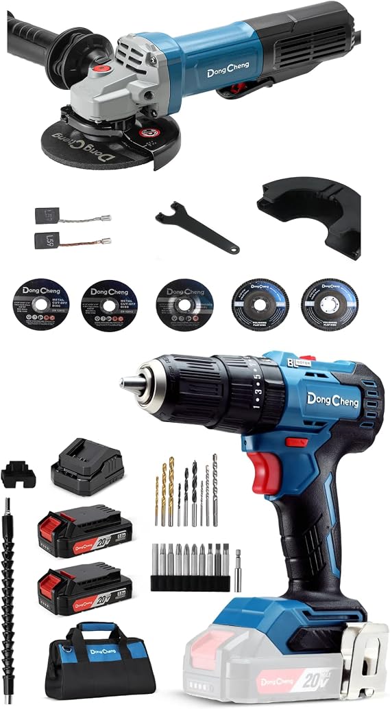 DongCheng 9.2 Amp Power Angle Grinder, 20V MAX Brushless Cordless 1/2" Hammer Drill Kit