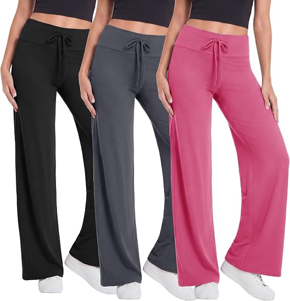 TNNZEET 3 Pack Women's Wide Leg Pants with Pockets - Casual Loose Yoga Trouser Pants Sweatpants Palazzo Lounge Pajama Pants