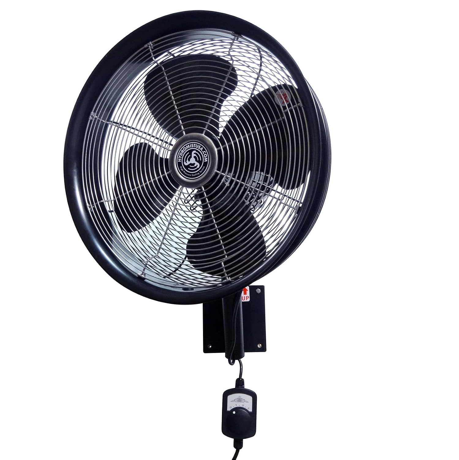HydroMist F10-14-011 Shrouded Outdoor Wall Mount Oscillating Fan, 3 Speed on Cord, 0.15 hp, 1.05 Amps, Degrees_Fahrenheit, to Volts, Amps, 3 Speed on Cord, 18, black