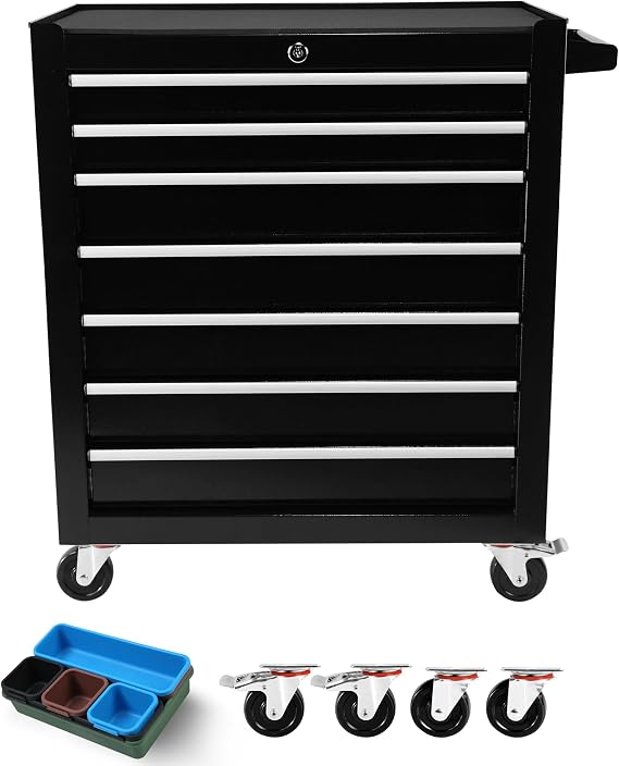 7 Drawers Rolling Tool Chest with Wheels, Portable Rolling Tool Box on Wheels, Tool Chest Organizer for Garage, Workshop, Home Crafts Use (Black)