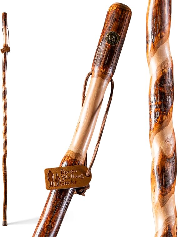 Brazos Rustic Wood Walking Stick, Twisted Hickory, Traditional Style Handle, for Men & Women, Made in the USA, 58"