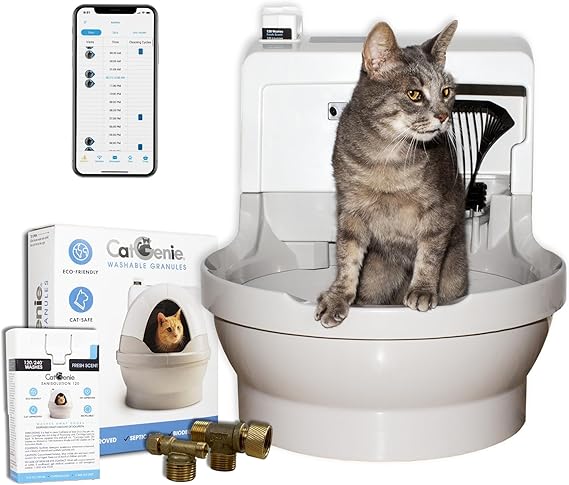 CatGenie A.I. Self-Cleaning Cat Litter Box with App Control, Automatic Self Washing, Flushing and Drying System, Reusable Washable Granules, No Scooping or Litter Replacement