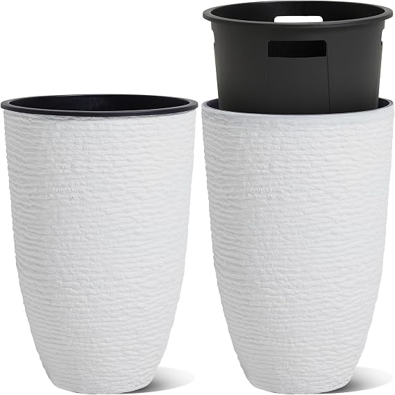 Worth Garden 2-Pack 21" H. White Tall Planters with Inside Pots - 14'' Dia Plastic Large Round Plant Tree Pots - Decorative Imitation Stone Finish for Indoor Outdoor Front Porch Container Patio