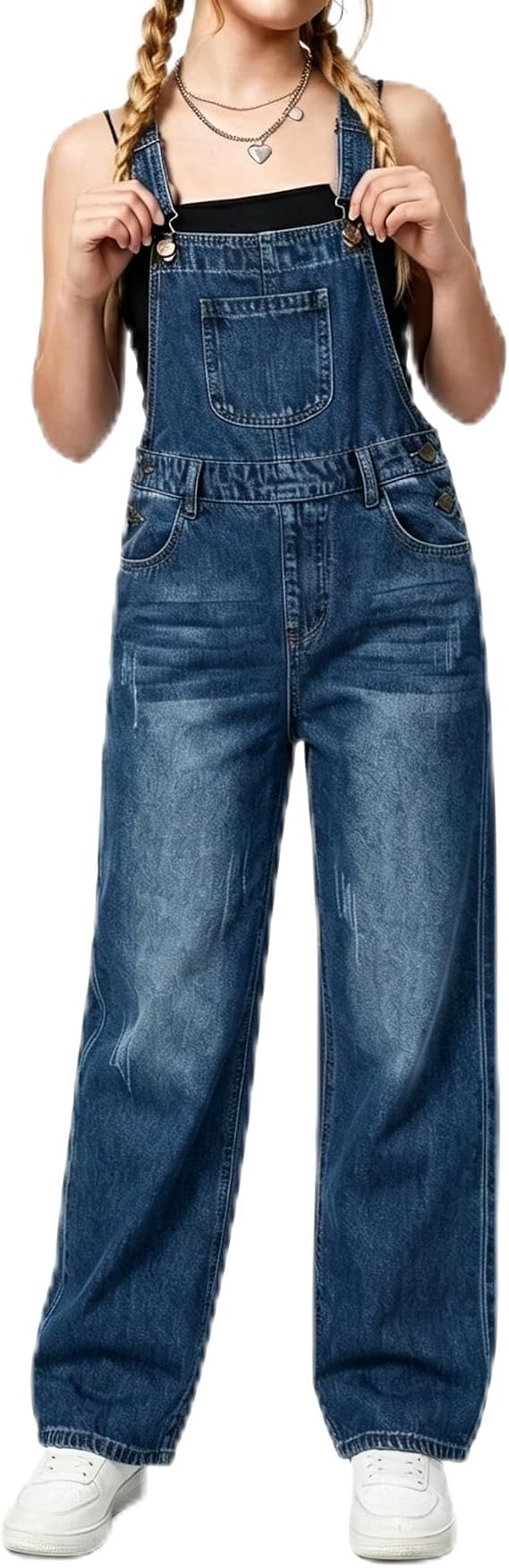 Denim Overalls for Girls Wide Leg Sleeveless Jumpsuits with Adjustable Straps Ages 8-12