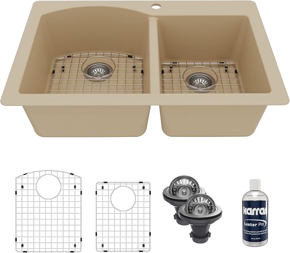 Karran 33" Top Mount Quartz Composite 60/40 Double Bowl Kitchen Sink Kit | 60/40 double bowl layout, top mount installation, bottom grids, basket strainers and Luster Pro included, Bisque