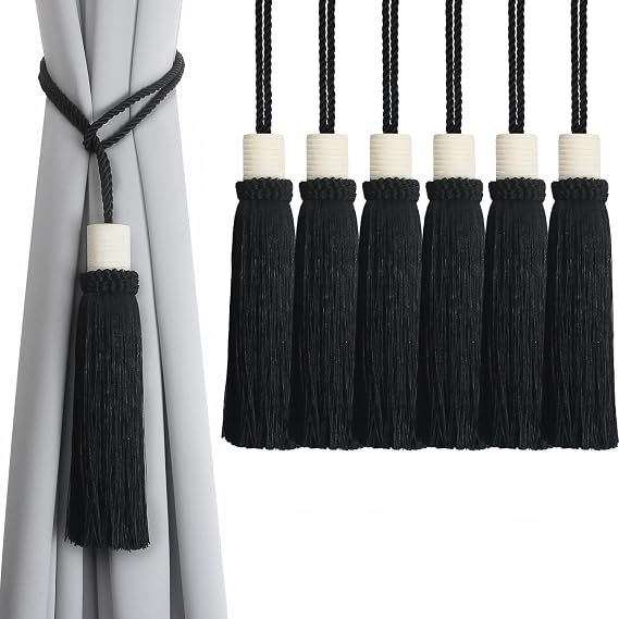 Curtain Tiebacks Rope Modern Tie Backs for Curtains Decorative Tieback Drapes Tassel Window Treatment Holdbacks for Living Room, Bedroom Home Decor, Black 6 Pack