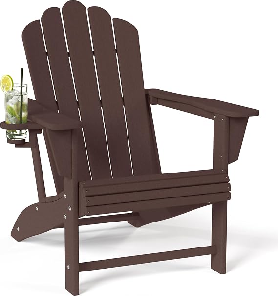 Outdoor Patio HDPE Adirondack Chair with Cup Holder, Dark Brown