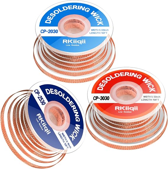 3PCS Solder Wick Braid with Flux, Upgraded Desoldering Wick, 3 Sizes | 0.08/0.10/0.12in, 10ft Each, No-Clean Low-Residue Wick for PCB Rework & Electronics
