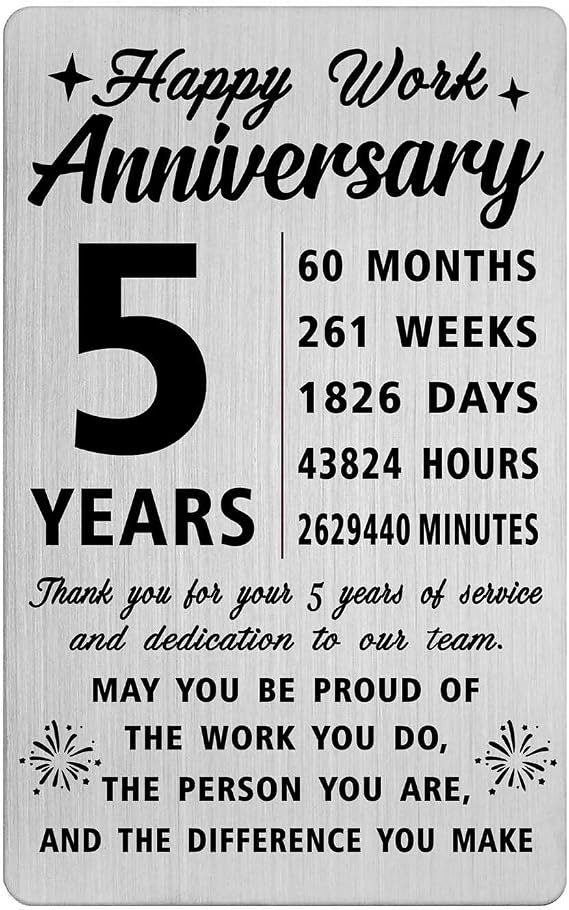 5 Year Work Gifts - Happy 5th Work Anniversary Wallet Card for Employee, Coworker - Thank You for 5 Years of Service Gift