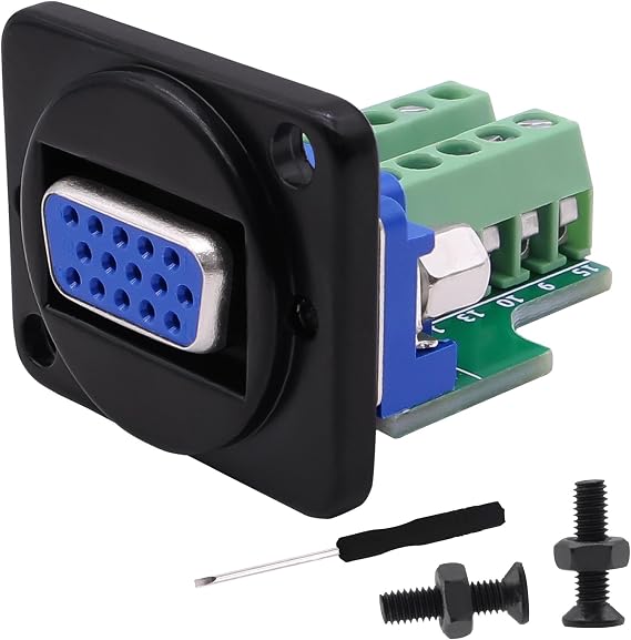 D-Type VGA Solderless Terminal Connector Panel Mount Adapter VGA HDB15 Female RS232 Serial to Screw Terminal Breakout Board D-SUB 15 Pin PCB Board Connector -Black