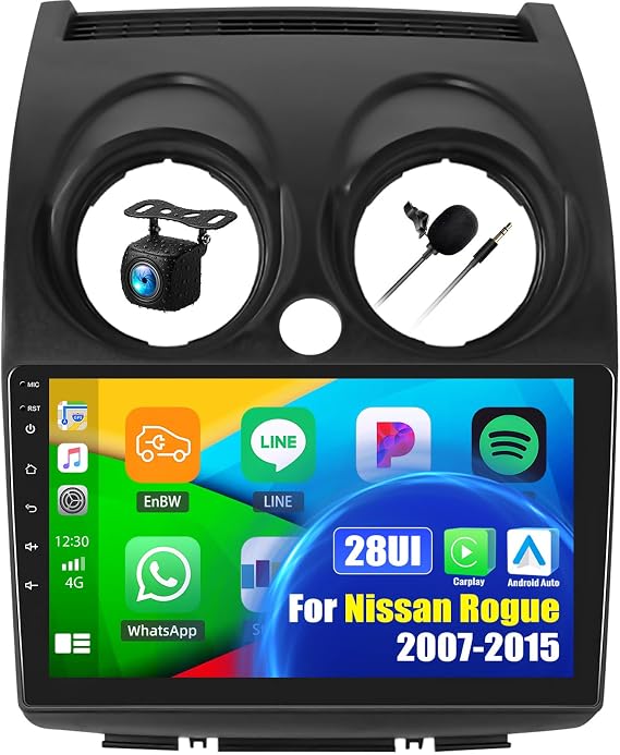 SIXWIN Android Car Stereo for Nissan Rogue 2007-2015 with Round Hazard Wireless CarPlay Android Auto Mirror Link 2G+64G 9 Inch Touchscreen Bluetooth GPS Navigation WiFi FM Backup Camera MIC
