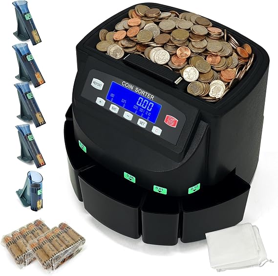 USD Coin Counter Machine with LCD Display,Coin Sorter and Wrapper Machine,Sorts 151025$1 up to 300 Coins/min,2000-coin Capacity,Business Grade,5 Bins&5 Tubes,Automatic Wrapper (Black)