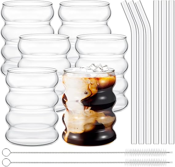 Tessco for you 6 Pcs Creative Glass Cups Drinking, Clear, 13.5 oz