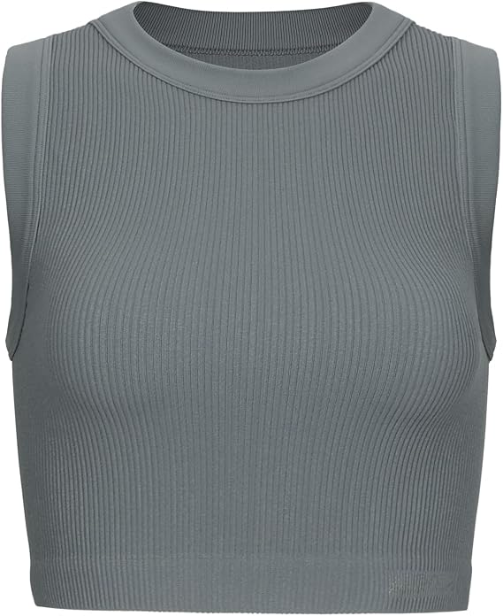AUROLA Essentials Rib Seamless Sleeveless Tank for Women Subtle Logo Round Neck Active Workout Crop Tops