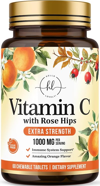Vitamin C 1000mg Per Serving - Extra Strength with Rose Hips Bioflavonoids - Sugar Free Vitamin C Chewable Pills, Vit C Supplement for Immune Support & Antioxidant, USA Bottled - 60 Chewable Tablets