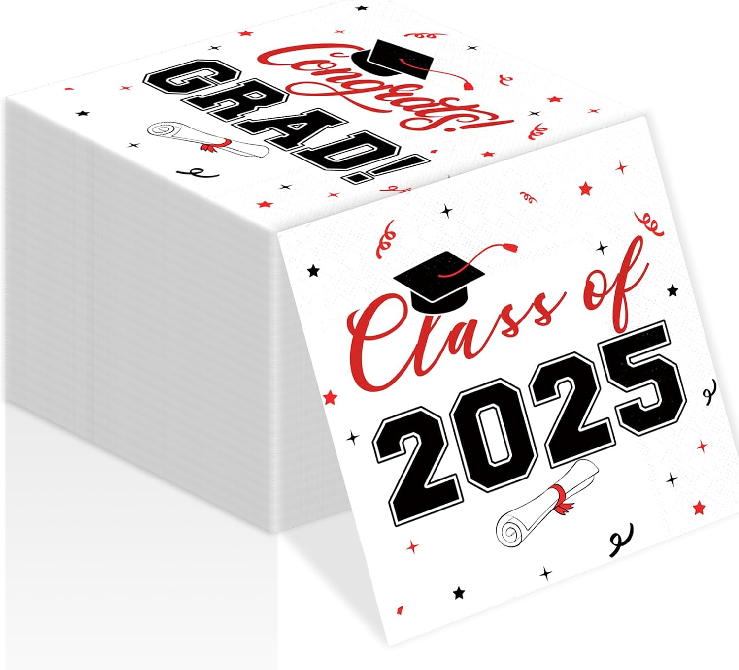 100-PK Class of 2025 Graduation Napkins, 3-Ply Disposable Congrats Grad Paper Hand Towels for School, University, College Cocktail Party Celebration Decorations Black Red