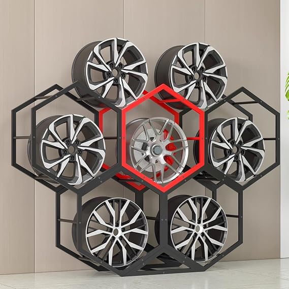 WDJBPSH Honeycombed Rim Tire Display Rack, Free Standing Car Hub Tyre Organizer for Home/Office Motel Wall Decor, DIY Stackable Commercial Spare Tires Storage Stand(5+1-204x39x137cm)