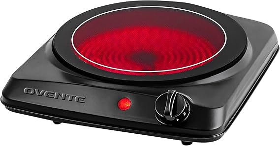 OVENTE Electric Infrared Single Burner, 1000W Hot Plate, Black BGI101B | 7 Ceramic Glass Cooktop, 5 Level Temperature Setting & Easy to Clean Base, Compact Stove for Home Dorm Office