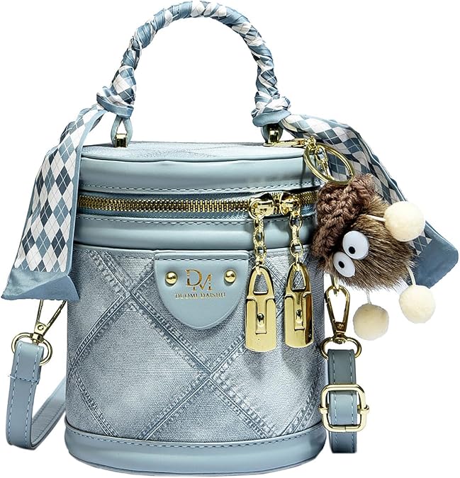 Retro Canvas Bucket Bag Color Contrast Cylinder Purse for Women Shoulder Crossbody Handbag with Zipper