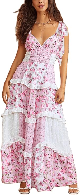 SOOKABEILA Women Y2k Boho Maxi Dress Floral Lace Sheer Tiered Flowy Cami Long Dress 2025 Summer Smocked Beach Sundress