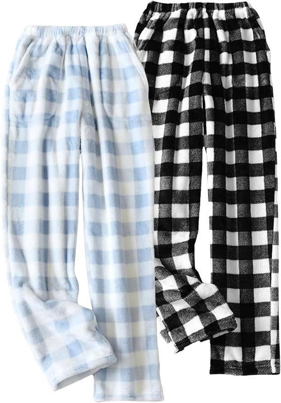 Yimoon 2 Pack Women's Plaid Fluffy Pajama Pants Fleece Pants