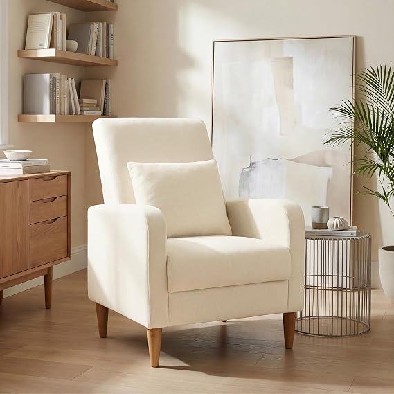 COLAMY Mid-Century Modern Accent Chair, Fabric Upholstered Living Room Chair with Back Pillow & Solid Wood Legs, Comfy Armchair for Living Room, Bedroom, Single Sofa, Beige
