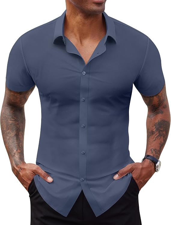 Lion Nardo Stretch Dress Shirts for Men Short Sleeve Slim Fit Casual Button Down Shirts Muscle Fit Men's Dress Shirts