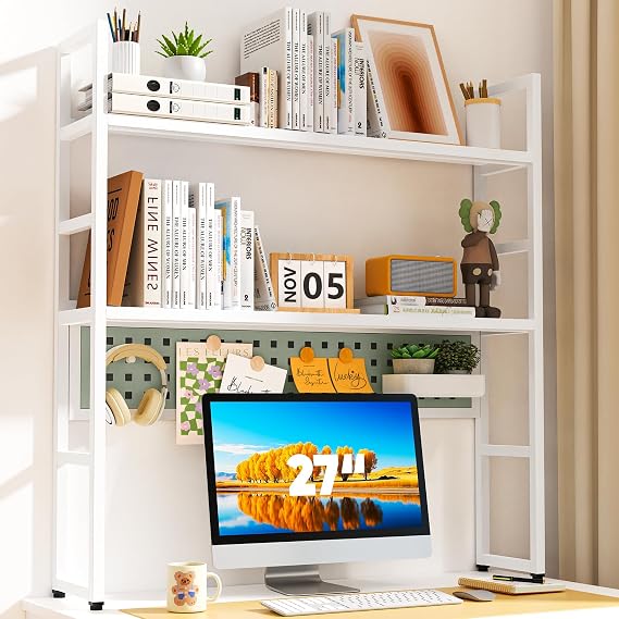 Brakki Desk Shelf, Desk Hutch Bookshelf, Desktop Shelf with Pegboard, White | L35.43", 2 Tier Bookcase, for Computer Monitor, Metal Desktop Hutch, Storage Organizer for Dorm Home Office