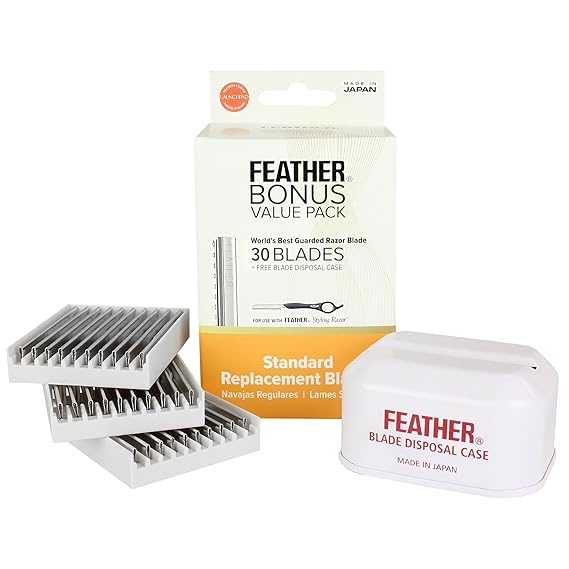 Feather Bonus Value Pack - Styling Razor Standard Blades - Professional Hair Cutting Blades for Styling, Shaping, Thinning - Single Edge Guarded Blade -Made in Japan- 30 Counts + 1 Blade Disposal Case